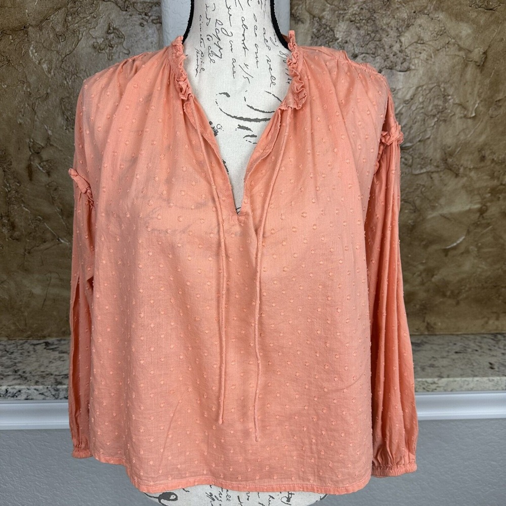 Cleobella Blouse Women's XS Peach Swiss Dot Ruffle TIe Neck Peasant Boho Tunic